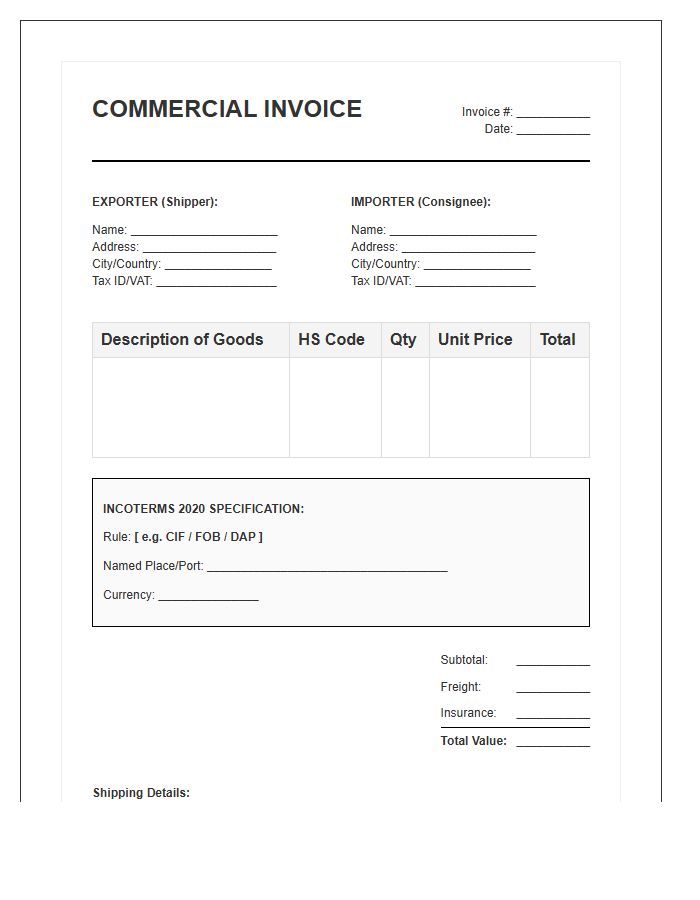 Incoterms Specified Import Invoice Template