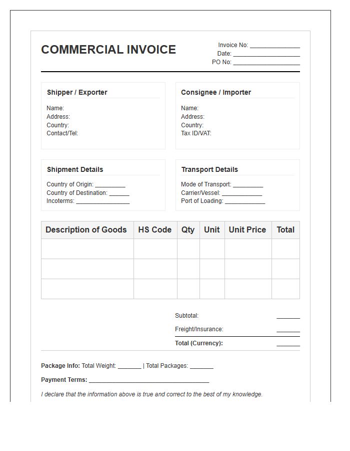 International Trade Commercial Invoice Template