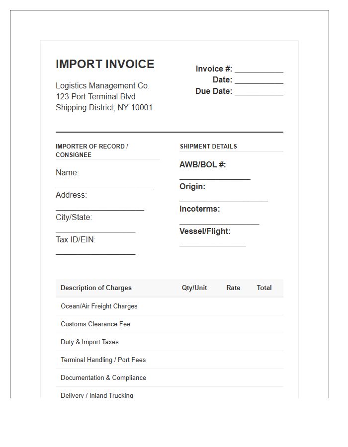 Logistics Management Import Invoice Template