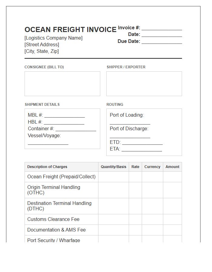 Ocean Freight Import Invoice Template