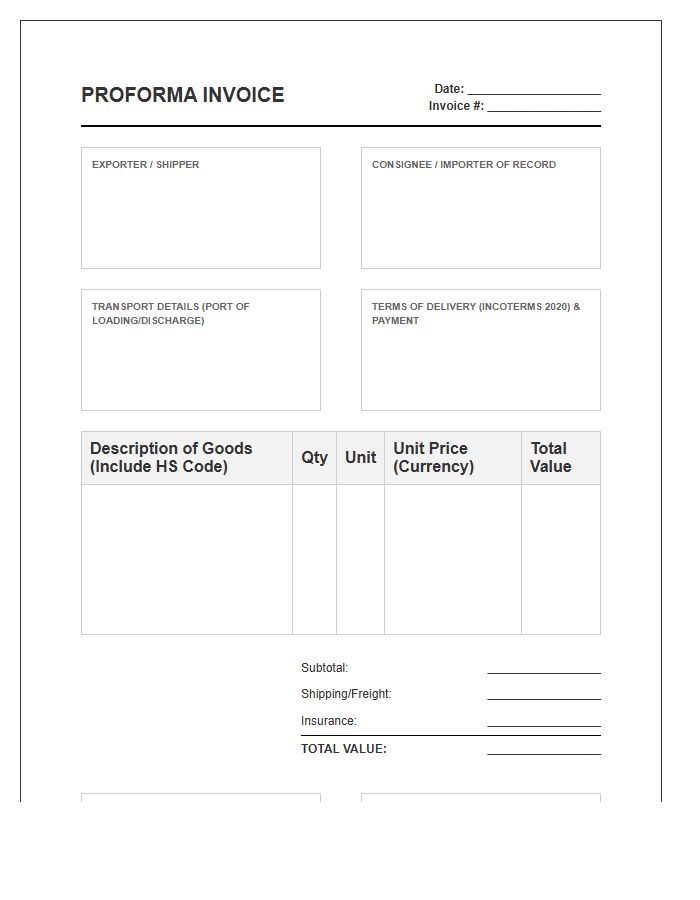 Proforma Invoice Template For Import Customs