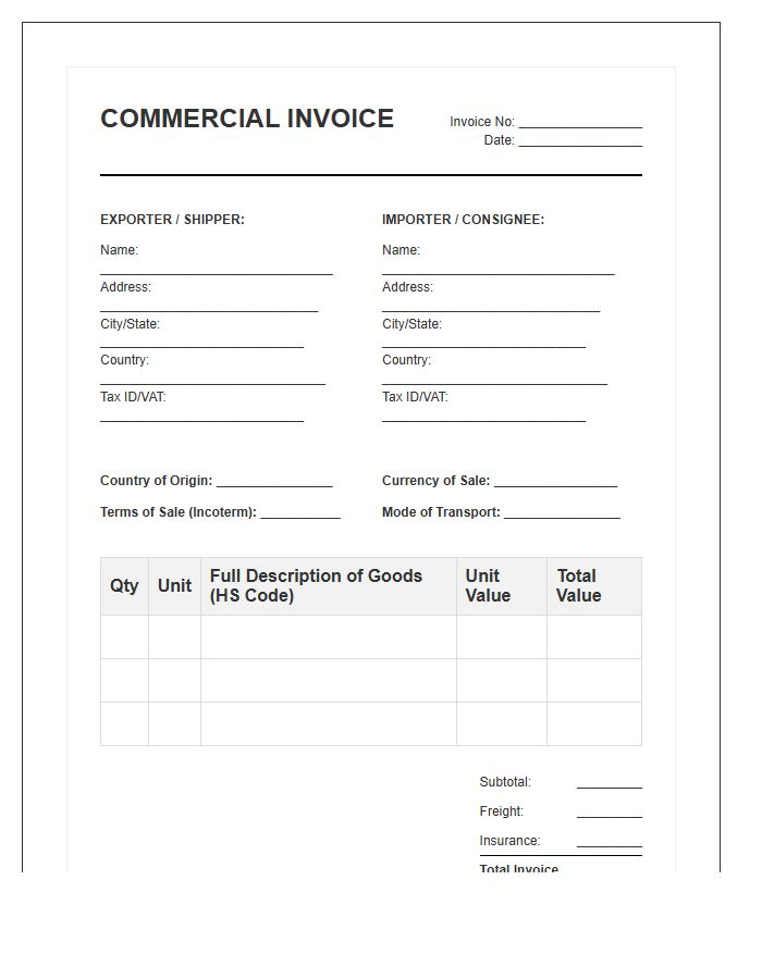 Standard Customs Valuation Invoice Template