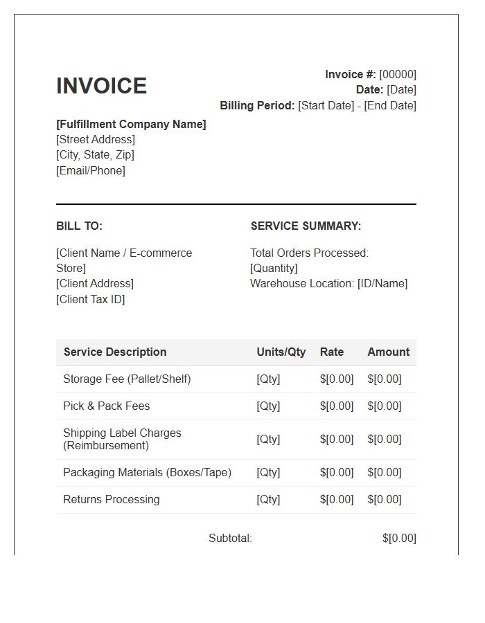 E-commerce Order Fulfillment Service Invoice Template