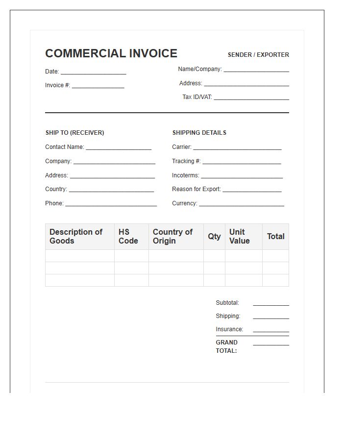 International Shipping Fulfillment Invoice Template