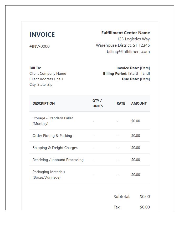 Professional Fulfillment Center Billing Invoice Template