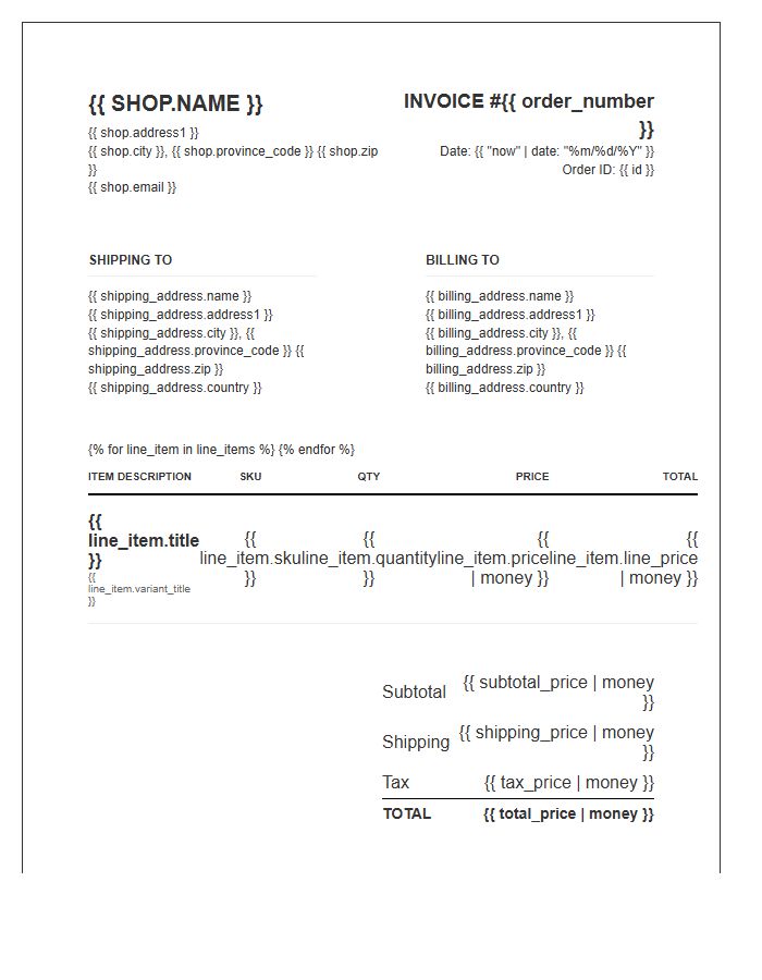 Shopify Store Order Fulfillment Invoice Template