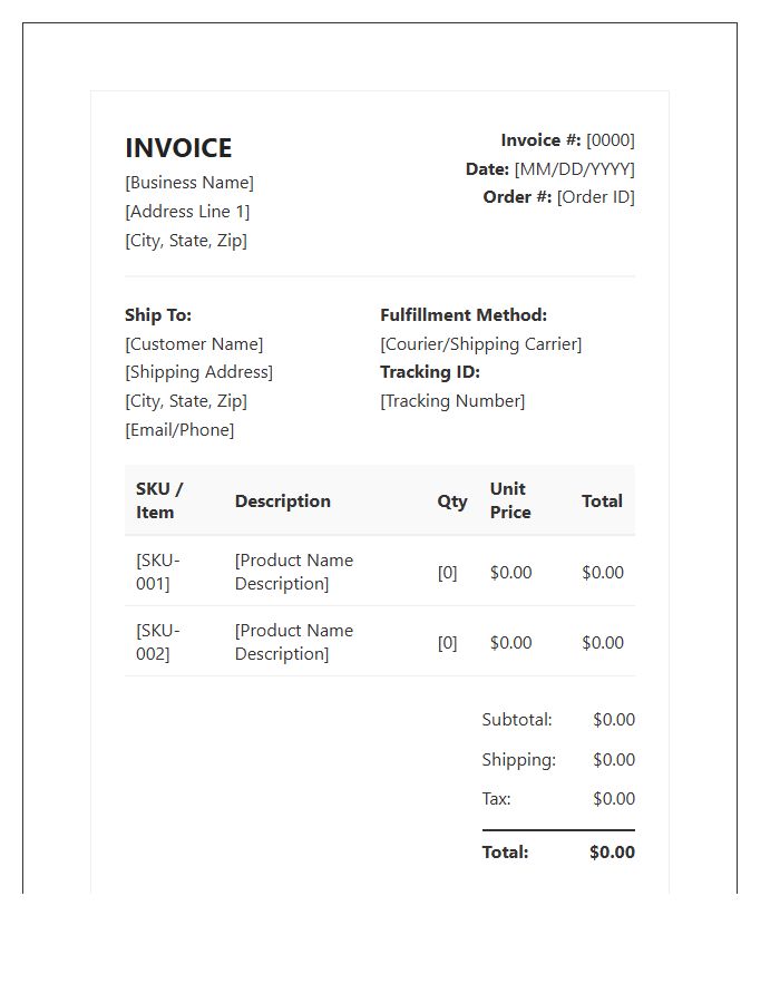 Small Business E-commerce Fulfillment Invoice Template