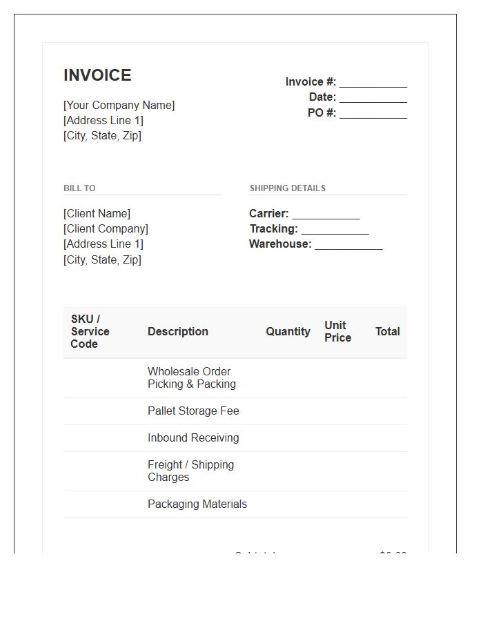 Wholesale Order Fulfillment Service Invoice Template