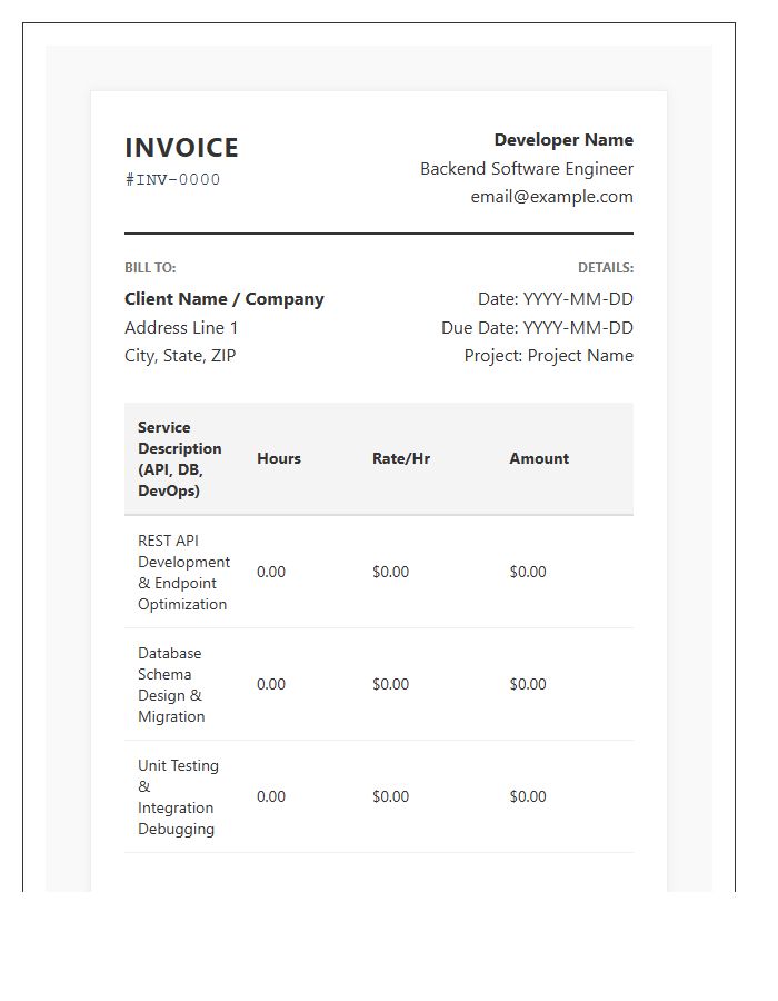 Backend Developer Hourly Service Invoice Template