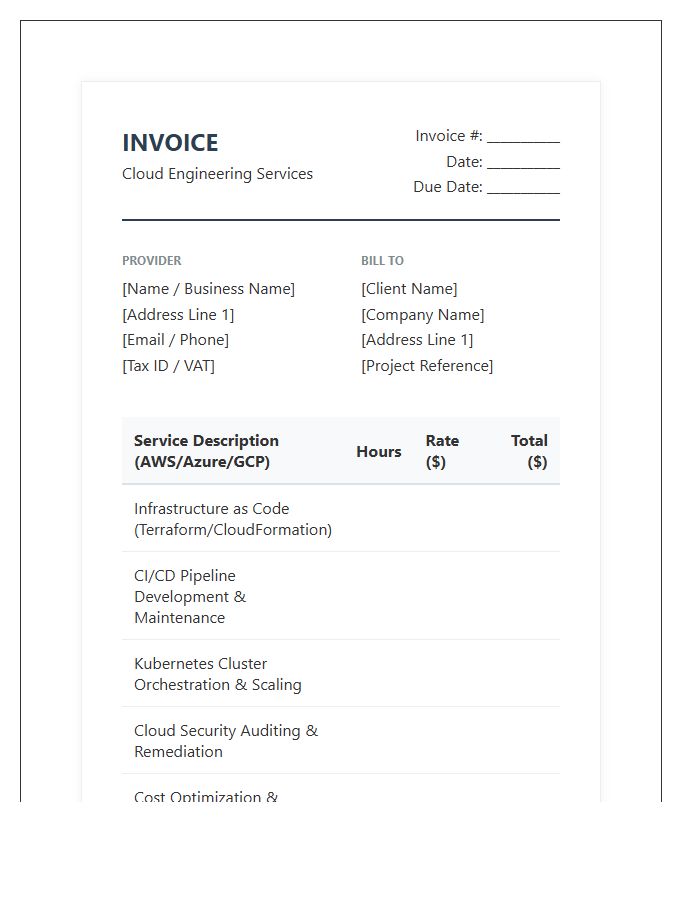 Cloud Engineer Hourly Service Invoice Template