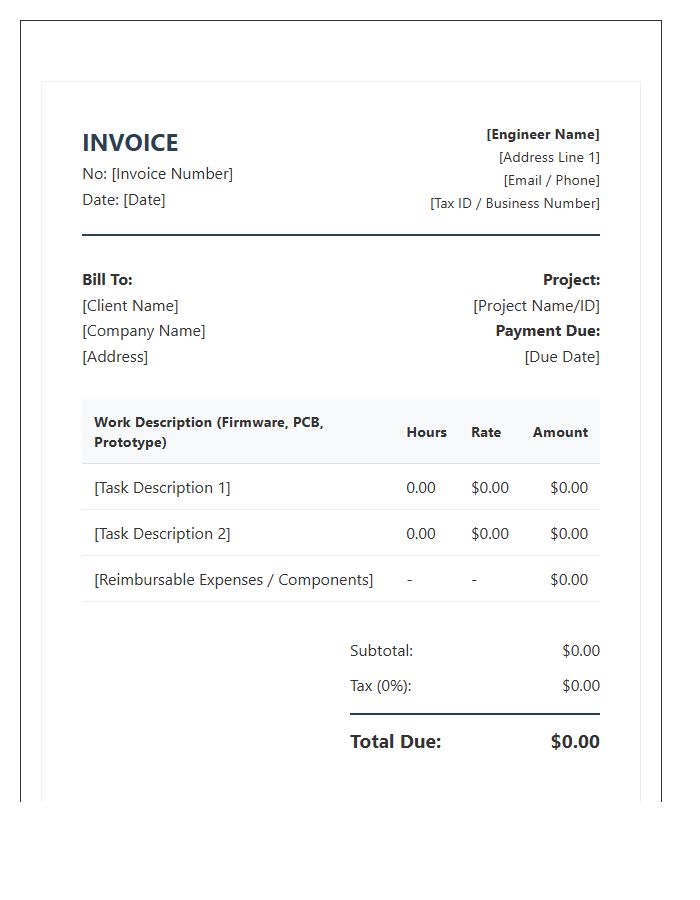 Embedded Systems Engineer Hourly Invoice Template