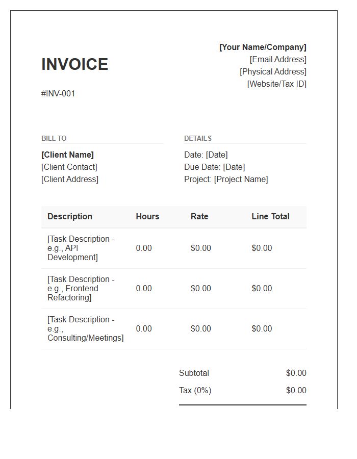 Freelance Software Developer Hourly Invoice Template