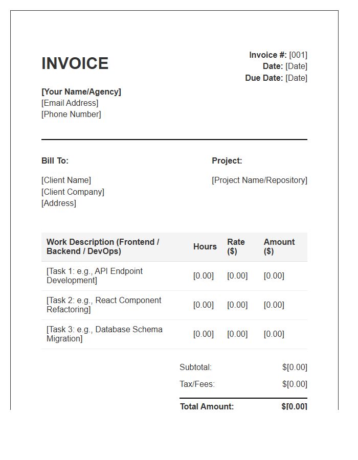 Full Stack Engineer Hourly Work Invoice Template