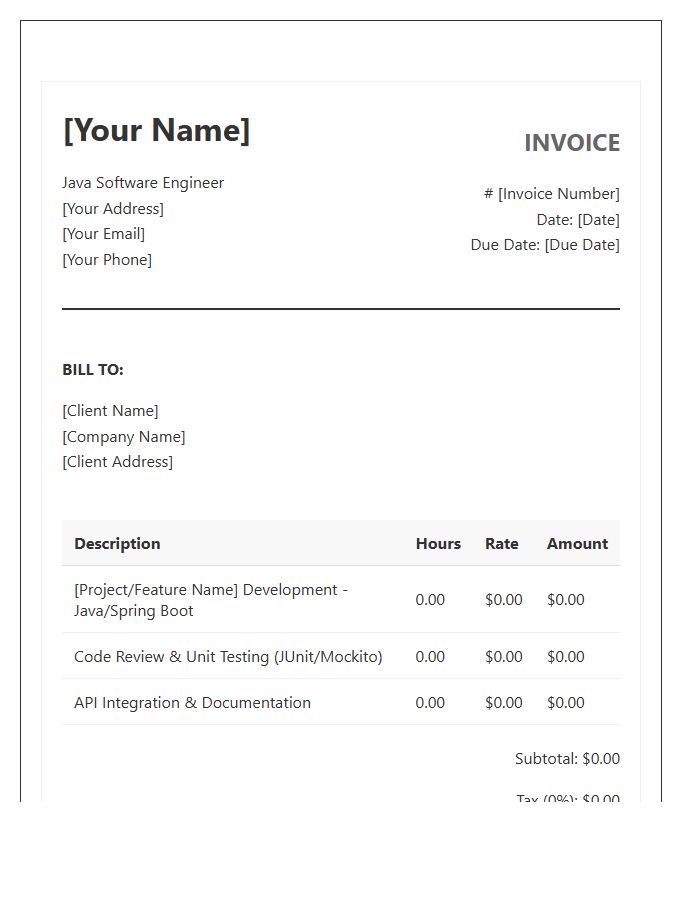 Java Software Engineer Hourly Invoice Template
