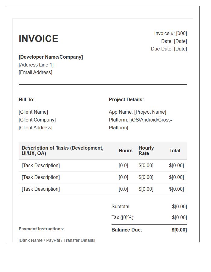 Mobile App Developer Hourly Invoice Template