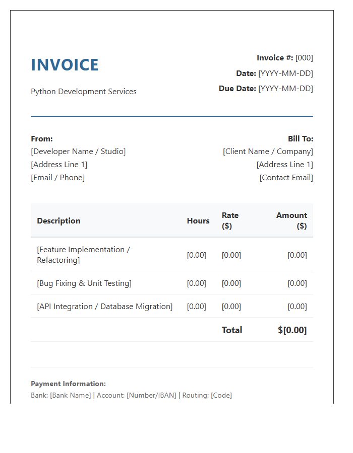 Python Developer Hourly Billing Invoice Template