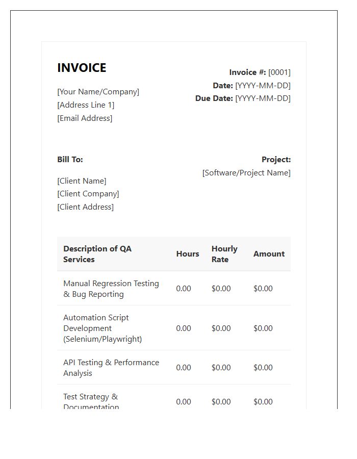 QA Engineering Hourly Service Invoice Template