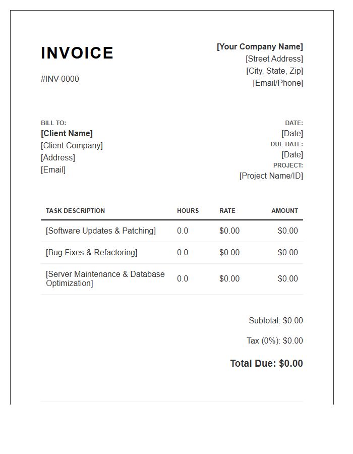 Software Maintenance Hourly Billing Invoice Template
