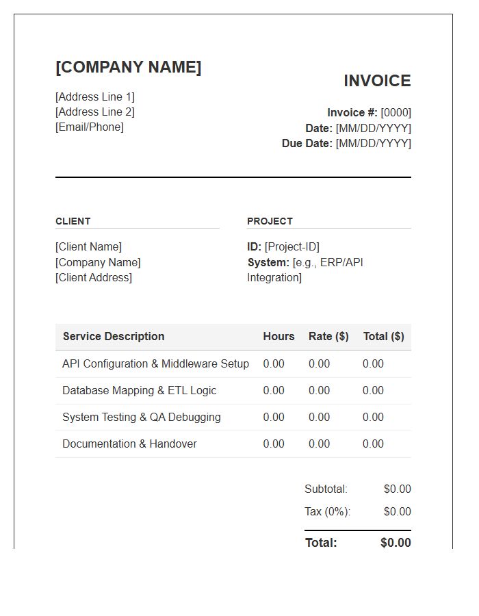 Systems Integration Hourly Service Invoice Template