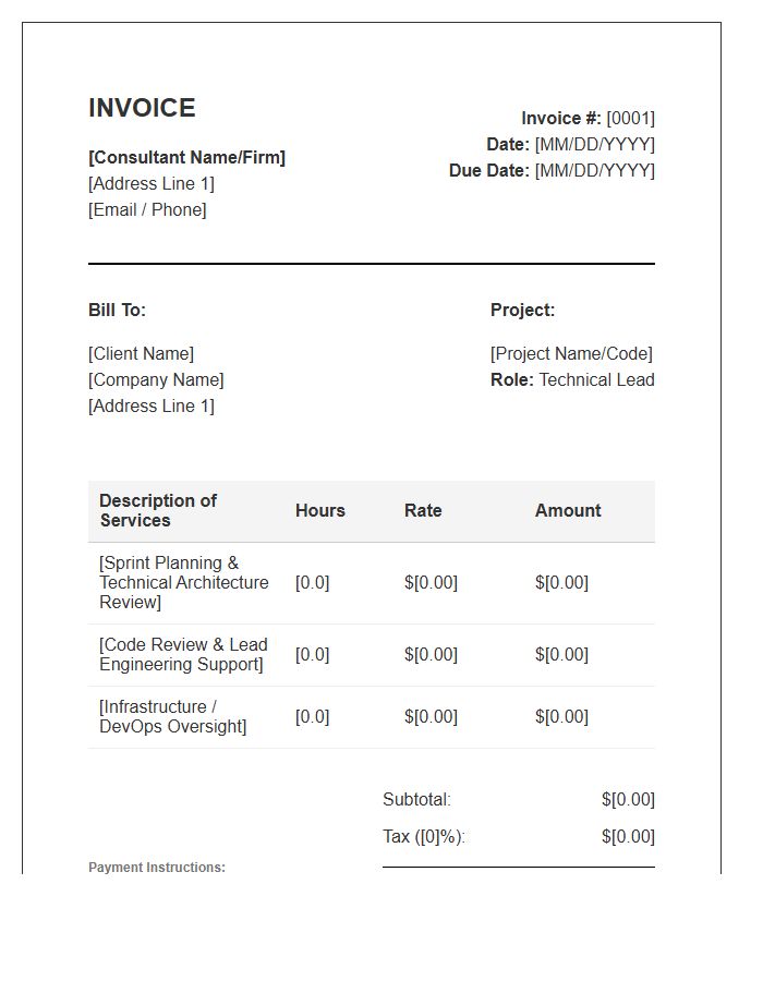 Technical Lead Hourly Consulting Invoice Template
