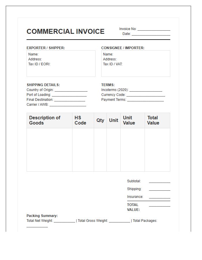 Customs Compliant Foreign Invoice Template