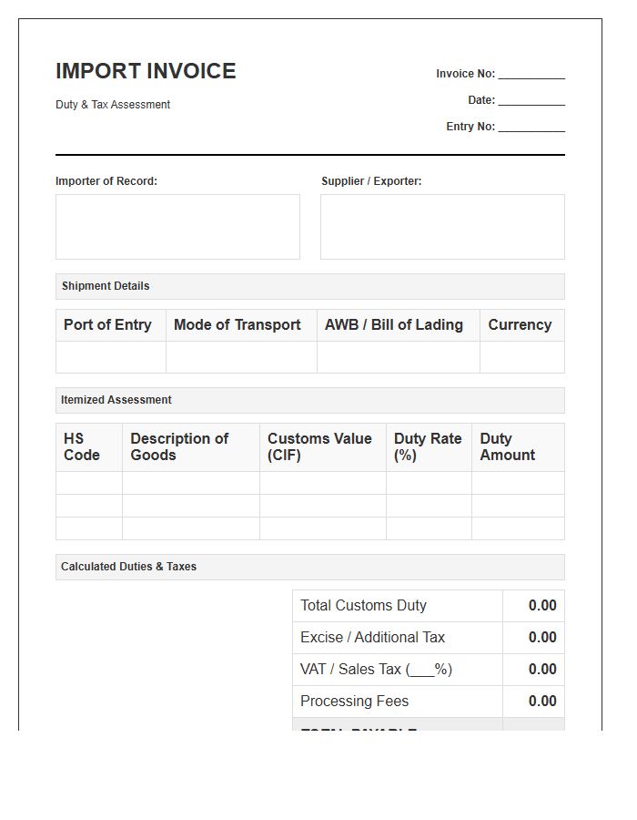 Duty Assessment Import Invoice Template