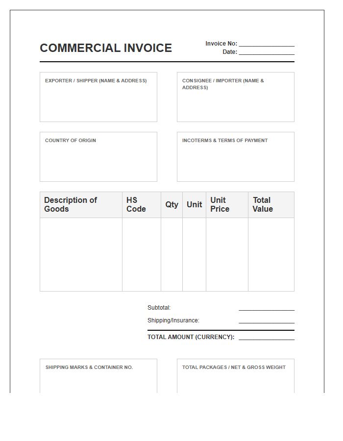 Foreign Supplier Commercial Invoice Template