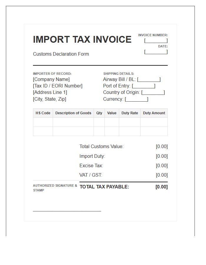 Import Tax Documentation Invoice Template