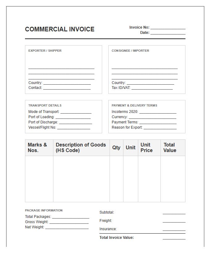 International Trade Commercial Invoice Template