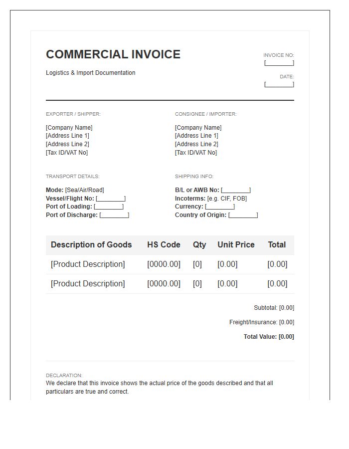 Logistics Documentation Import Invoice Template