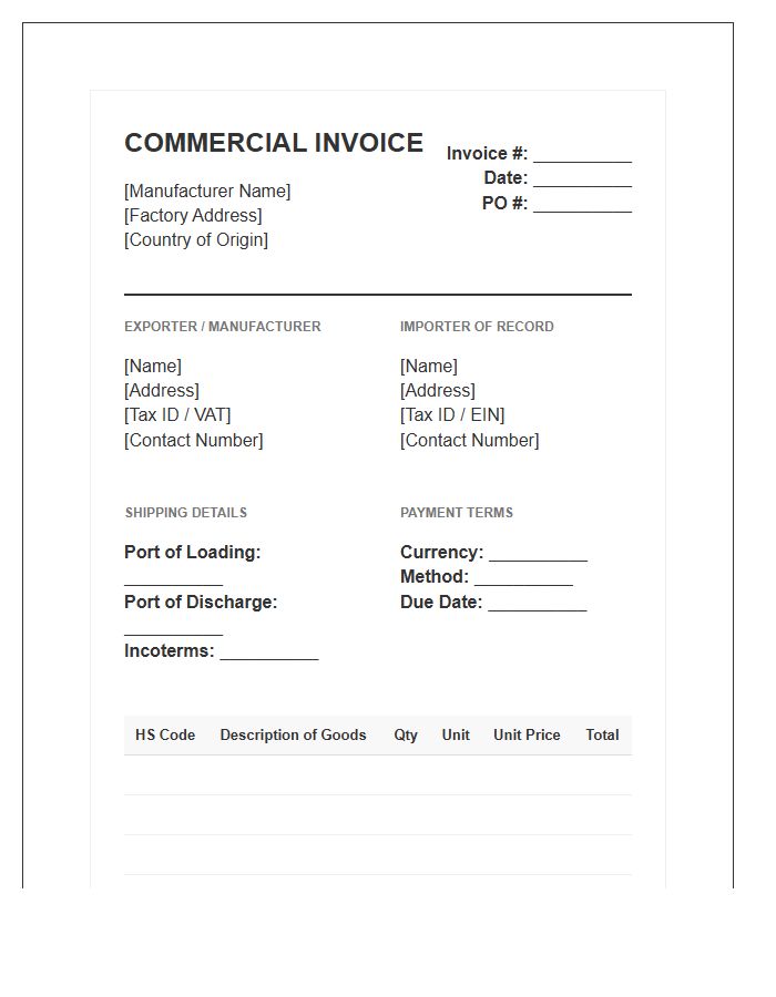 Manufacturing Import Order Invoice Template