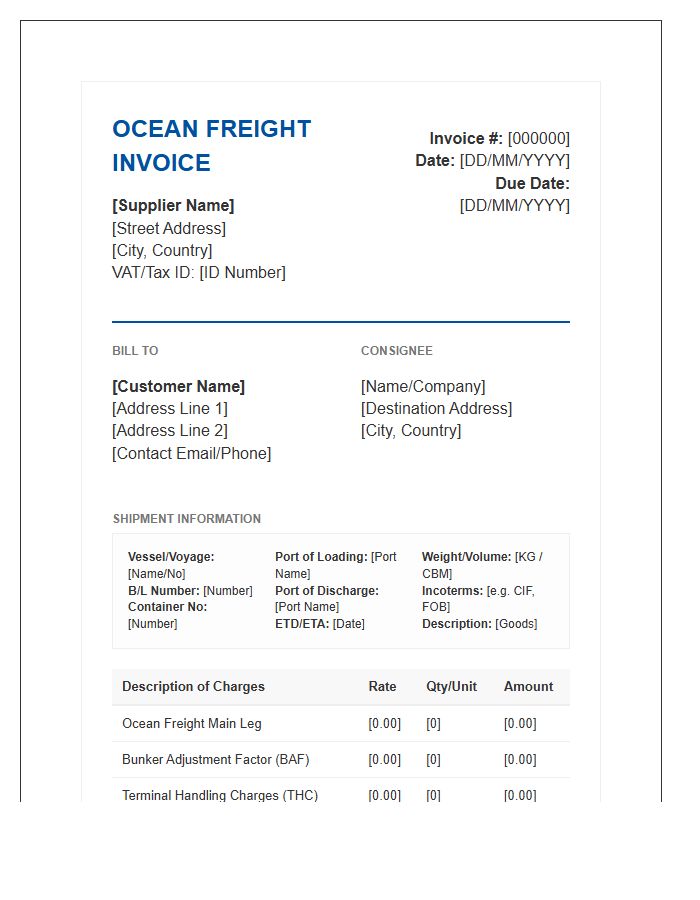 Ocean Freight Supplier Invoice Template