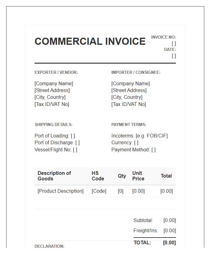 Overseas Vendor Import Invoice Template