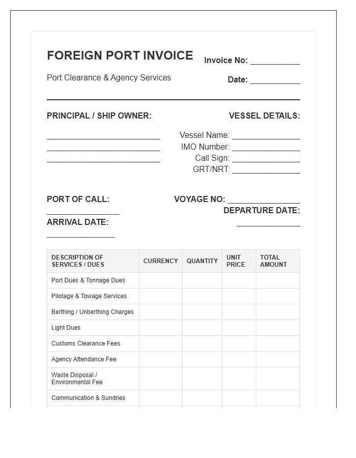 Port Clearance Foreign Invoice Template