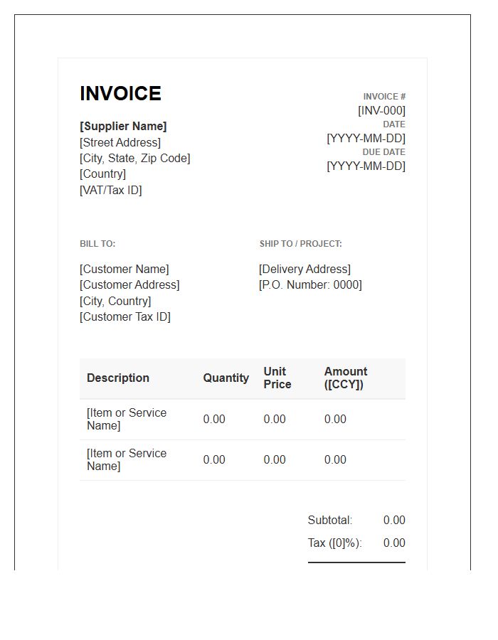 Standard International Supplier Invoice Template