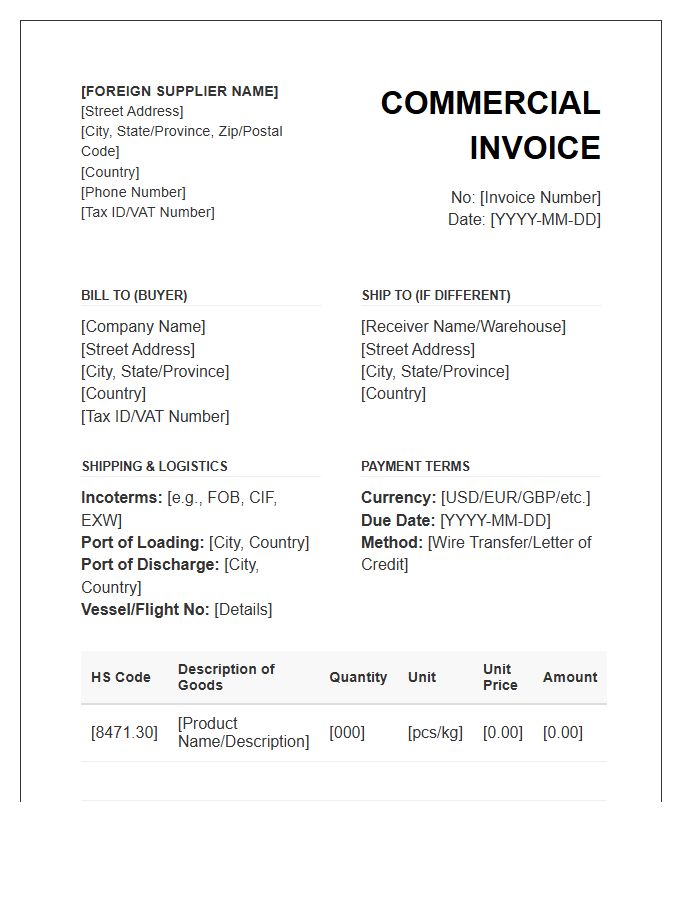 Wholesale Foreign Supplier Invoice Template
