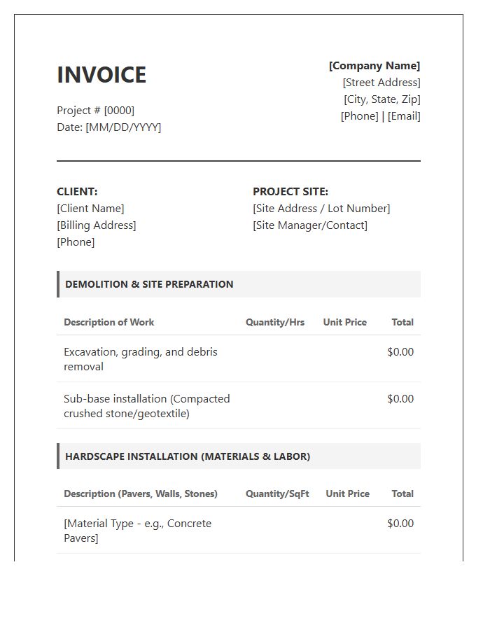 Detailed Hardscaping Project Invoice Template