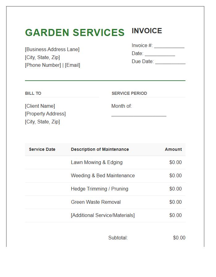 Monthly Garden Maintenance Invoice Template
