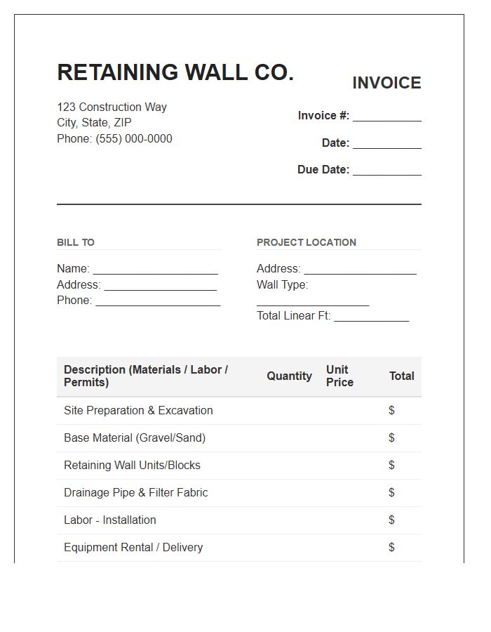 Retaining Wall Construction Invoice Template