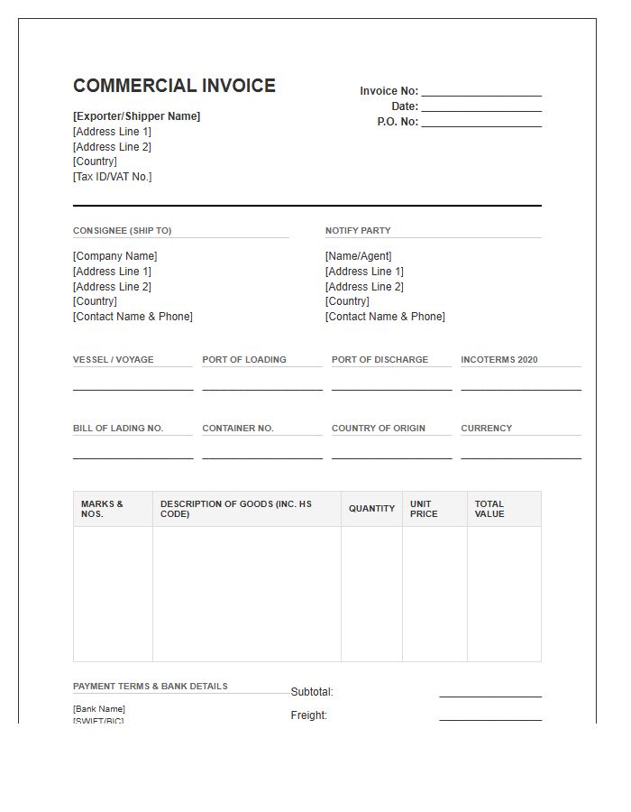 Commercial Maritime Import Product Invoice Template