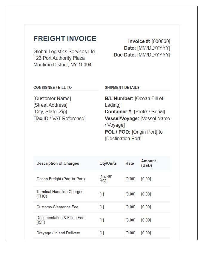 Containerized Maritime Import Freight Invoice Template
