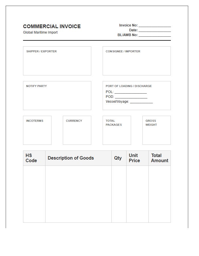 Global Maritime Import Shipment Invoice Template