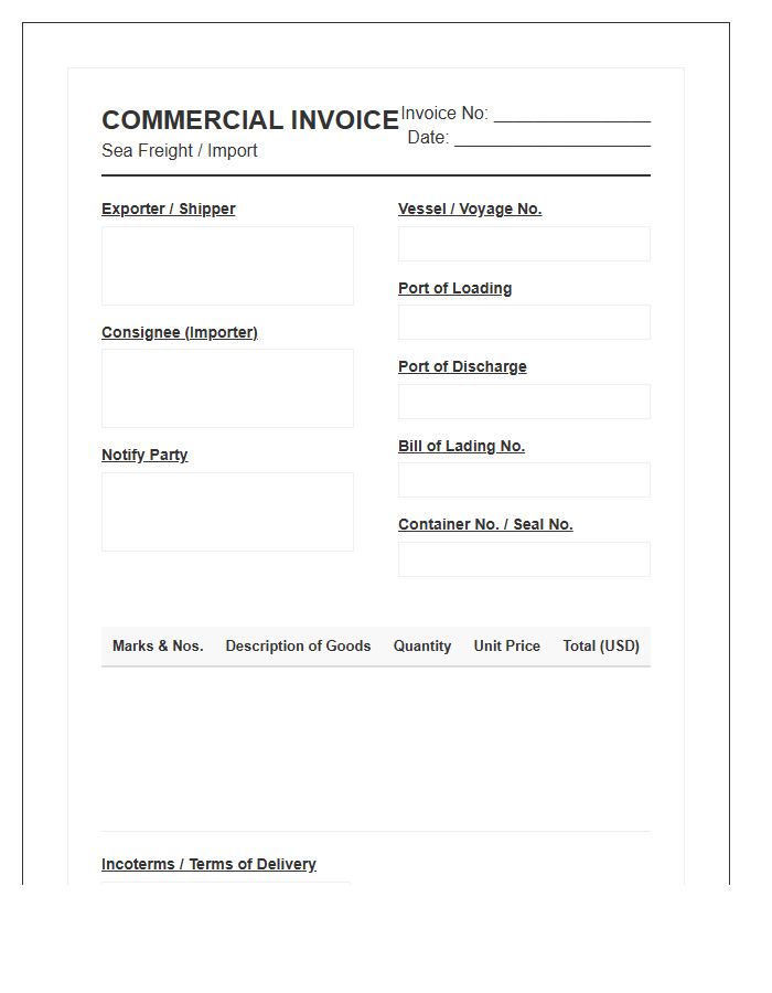 International Sea Cargo Import Invoice Template