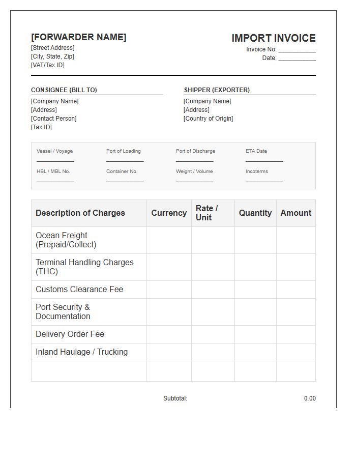 Maritime Freight Forwarding Import Invoice Template