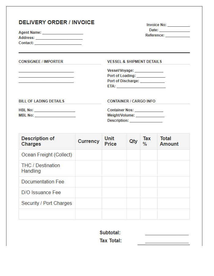 Maritime Import Delivery Order Invoice Template