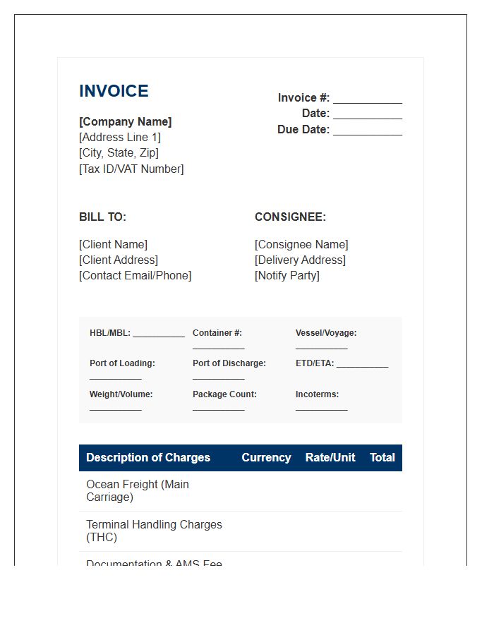 Ocean Freight Import Services Invoice Template