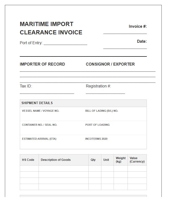 Official Maritime Import Clearance Invoice Template