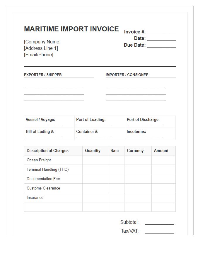 Port To Port Maritime Import Invoice Template