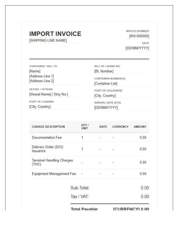 Shipping Line Import Documentation Invoice Template