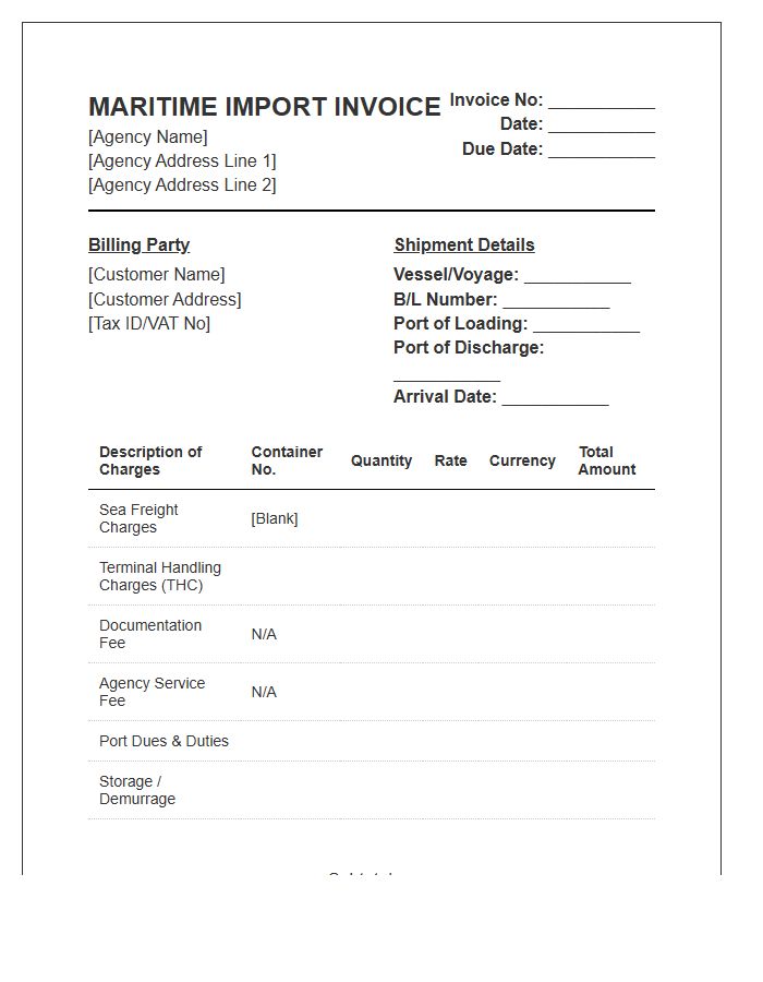 Vessel Agency Maritime Import Invoice Template